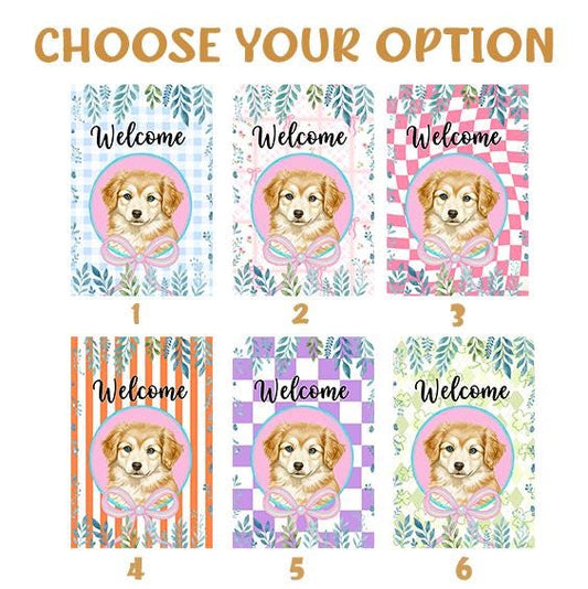 Custem Pet Portrait Welcome Garden Flag, Cute Puppy Outdoor Decor, Seasonal Checkered Floral Pattern, Gift Idea for Friends Family Coworkers