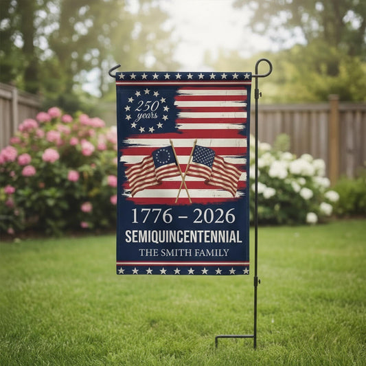 250th Anniversary Garden Flag, Semiquincentennial USA Decor, Personalized Family Name Yard Flag, Patriotic American Flag Art, 1776–2026
