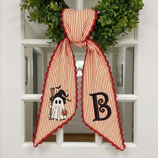 Custom Embroidered Witch Ghost Halloween Wreath Sash, Personalized Seasonal Front Door Decor