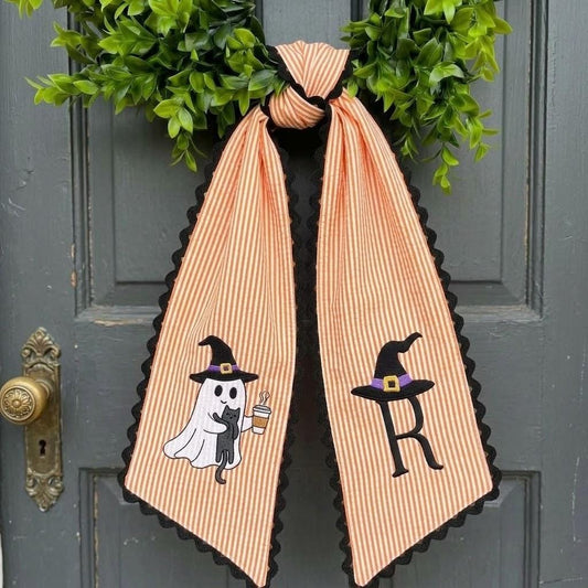 Custom Halloween Wreath Sash, Embroidered Ghost Monogram Bow, Striped Front Door Decor, Personalized Autumn Gift