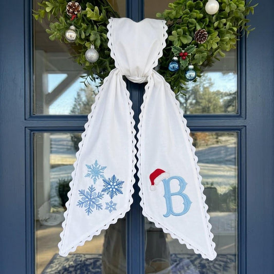 Custom Snowflake Christmas Wreath Sash, Personalized Monogram Door Bow, Embroidered Winter Holiday Decor