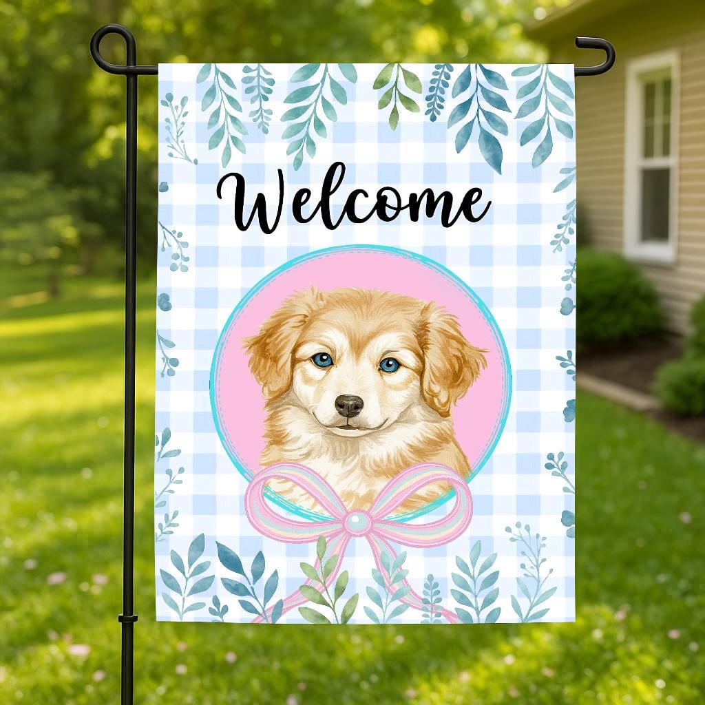 Custem Pet Portrait Welcome Garden Flag, Cute Puppy Outdoor Decor, Seasonal Checkered Floral Pattern, Gift Idea for Friends Family Coworkers