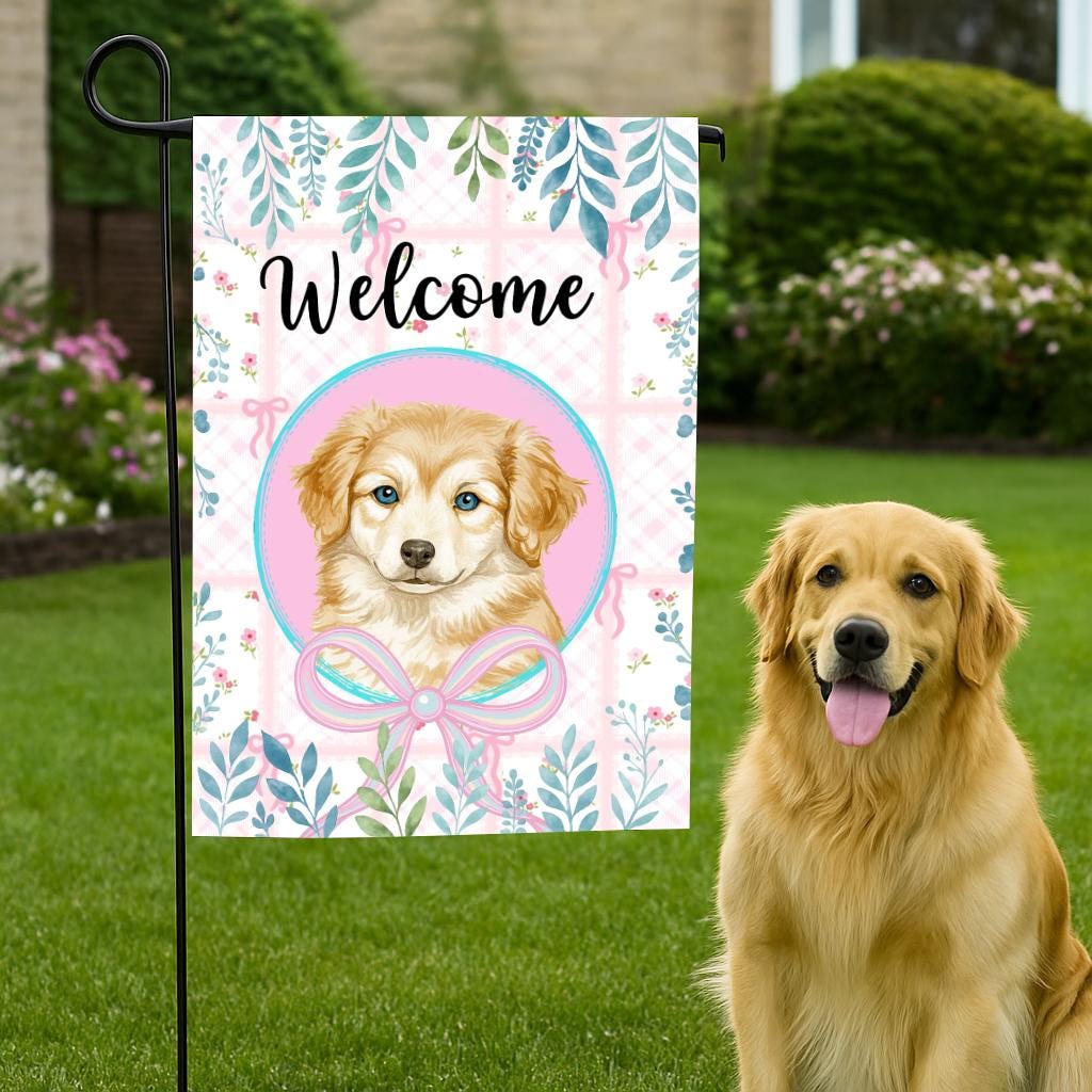 Custem Pet Portrait Welcome Garden Flag, Cute Puppy Outdoor Decor, Seasonal Checkered Floral Pattern, Gift Idea for Friends Family Coworkers