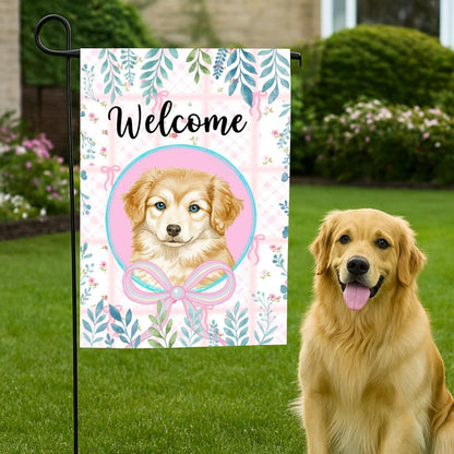 Custem Pet Portrait Welcome Garden Flag, Cute Puppy Outdoor Decor, Seasonal Checkered Floral Pattern, Gift Idea for Friends Family Coworkers