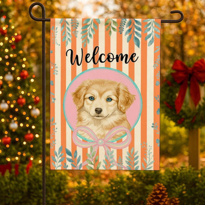 Custem Pet Portrait Welcome Garden Flag, Cute Puppy Outdoor Decor, Seasonal Checkered Floral Pattern, Gift Idea for Friends Family Coworkers