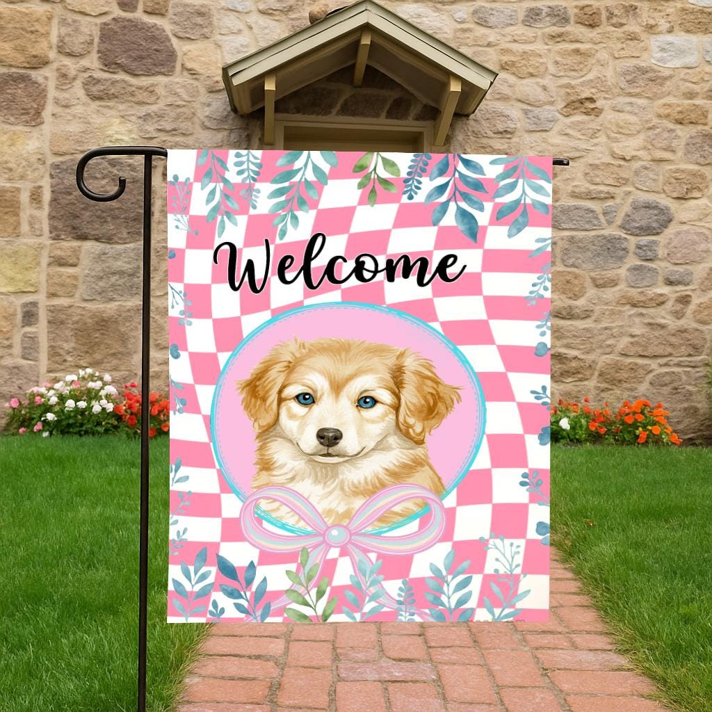 Custem Pet Portrait Welcome Garden Flag, Cute Puppy Outdoor Decor, Seasonal Checkered Floral Pattern, Gift Idea for Friends Family Coworkers