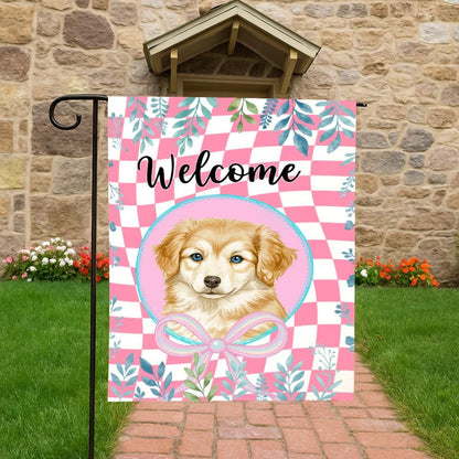Custem Pet Portrait Welcome Garden Flag, Cute Puppy Outdoor Decor, Seasonal Checkered Floral Pattern, Gift Idea for Friends Family Coworkers