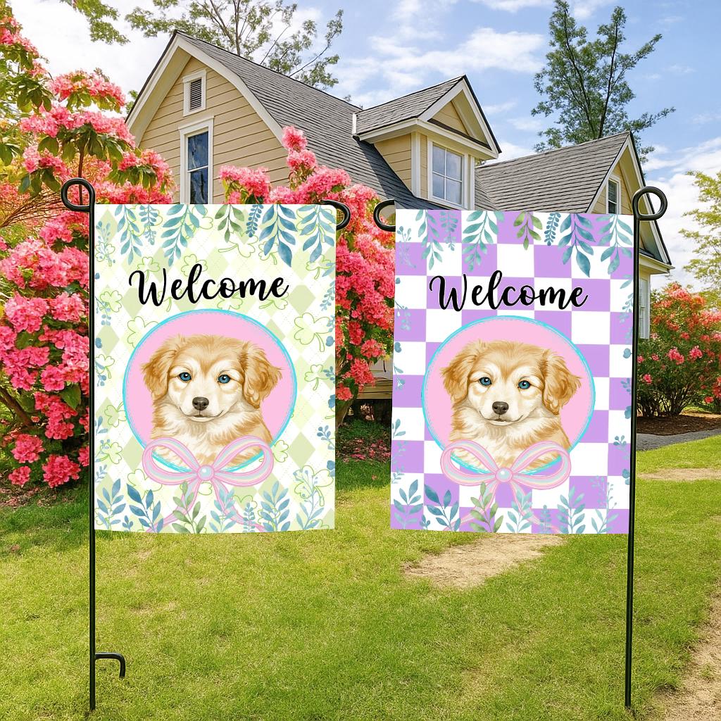 Custem Pet Portrait Welcome Garden Flag, Cute Puppy Outdoor Decor, Seasonal Checkered Floral Pattern, Gift Idea for Friends Family Coworkers