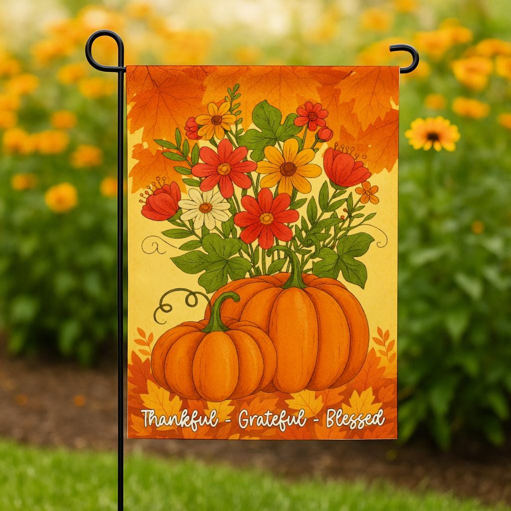 Fall Garden Flag, Thankful Grateful Blessed Outdoor Decoration, Autumn Pumpkin Yard Banner with Flowers, Thanksgiving Harvest Home Decor