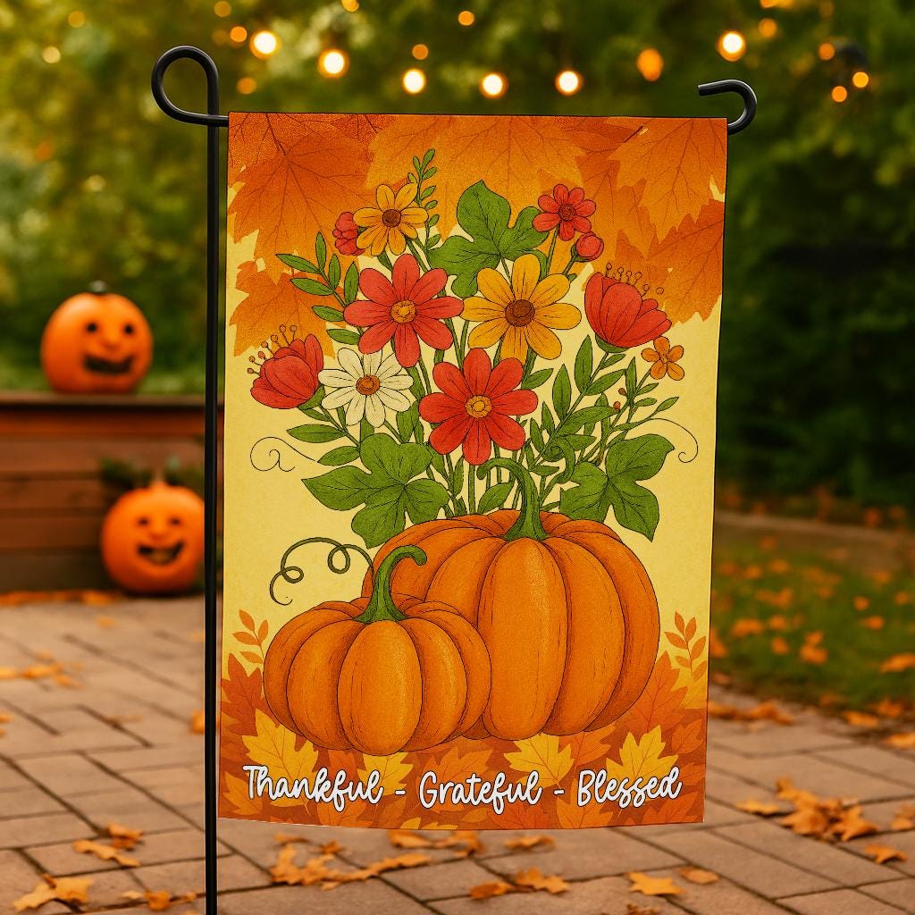 Fall Garden Flag, Thankful Grateful Blessed Outdoor Decoration, Autumn Pumpkin Yard Banner with Flowers, Thanksgiving Harvest Home Decor