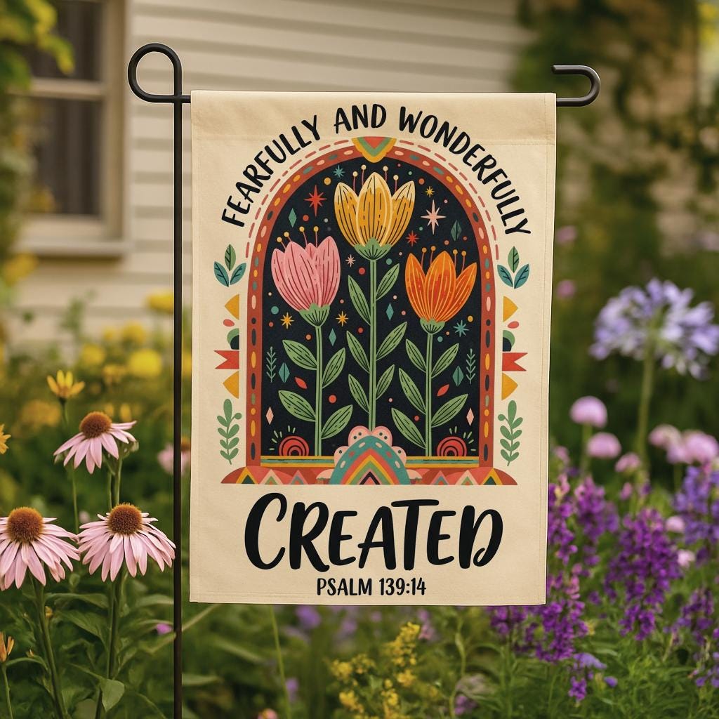 Christian Garden Flag, Fearfully and Wonderfully Created Psalm 139:14, Bible Verse Yard Decor, Inspirational Outdoor Banner, Religious Gift
