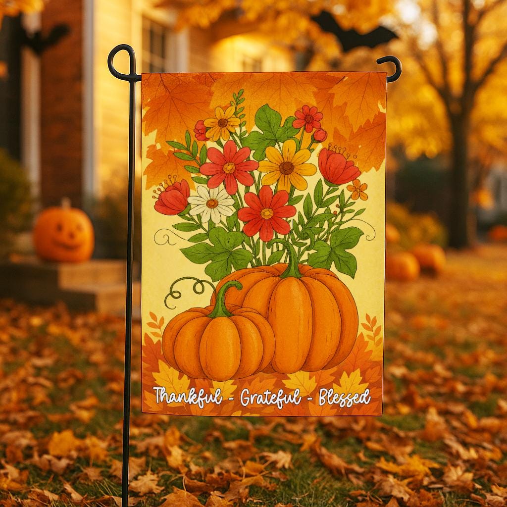 Fall Garden Flag, Thankful Grateful Blessed Outdoor Decoration, Autumn Pumpkin Yard Banner with Flowers, Thanksgiving Harvest Home Decor