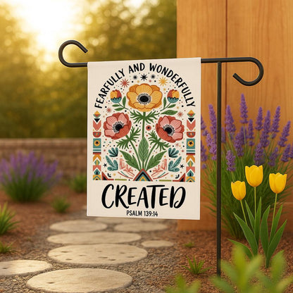 Christian Garden Flag, Fearfully and Wonderfully Created Psalm 139:14, Bible Verse Yard Decor, Inspirational Outdoor Banner, Religious Gift