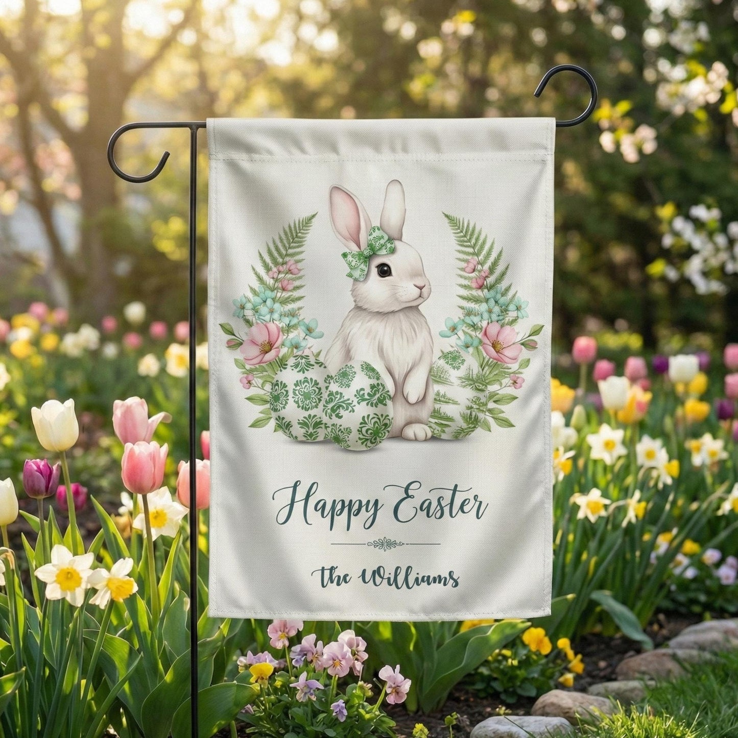 Easter Garden Flag Personalized, Bunny Floral Yard Flag, Custom Happy Easter Decor, Spring Outdoor Banner, Easter Gift for Family Home
