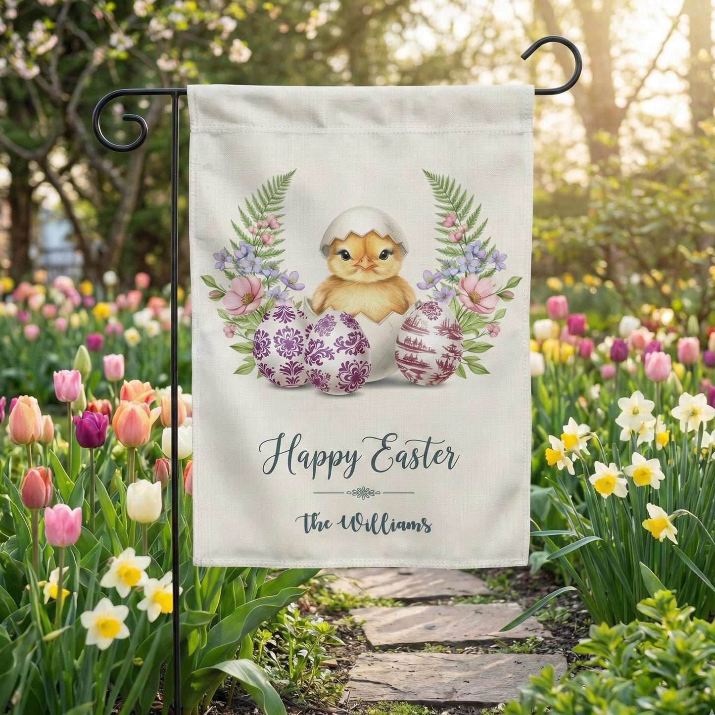Easter Garden Flag Personalized, Bunny Floral Yard Flag, Custom Happy Easter Decor, Spring Outdoor Banner, Easter Gift for Family Home