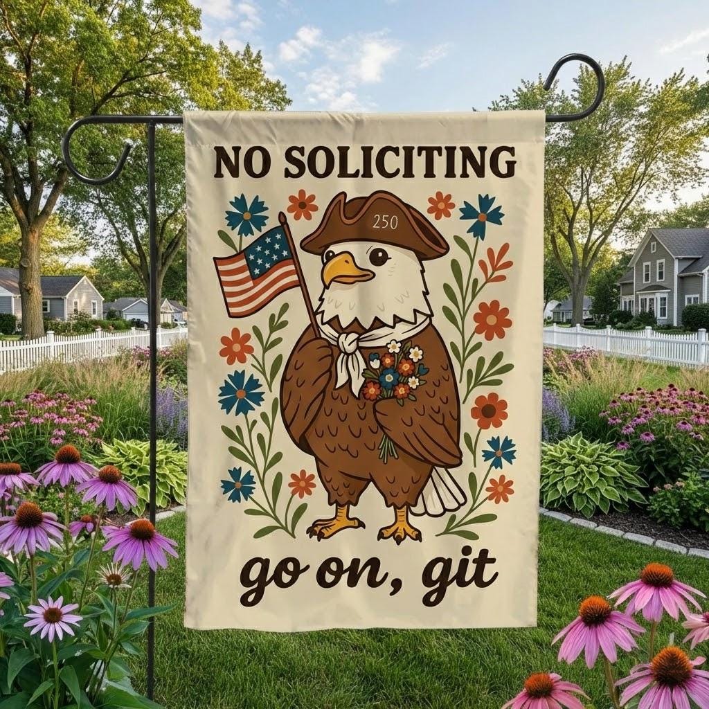 No Soliciting Garden Flag, Funny Patriotic Eagle Yard Flag, Americana Outdoor Decor, Country Farmhouse Porch Lawn Banner, Gift for Home