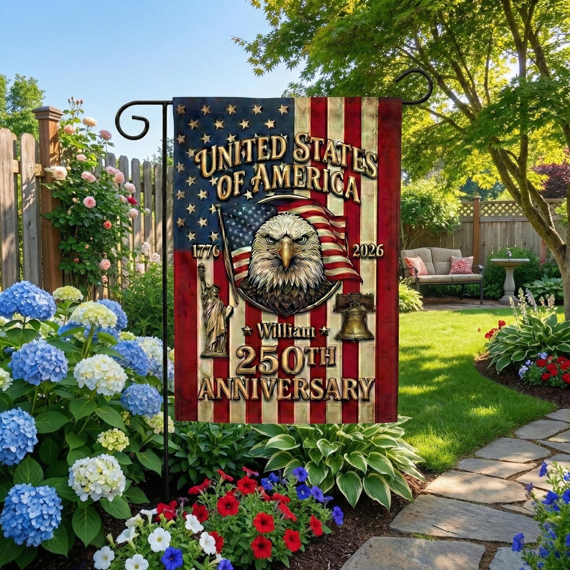 United States Garden Flag, 250th Anniversary Patriotic Decor, Personalized Name Yard Flag, American Eagle USA Flag Art, 1776–2026 Gift