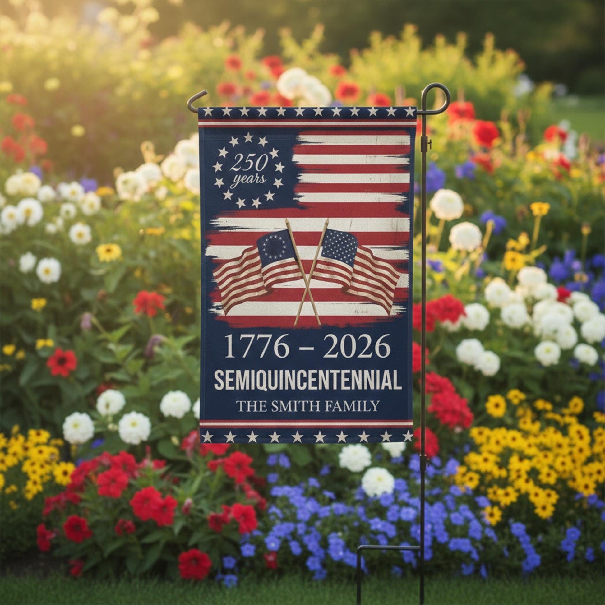 250th Anniversary Garden Flag, Semiquincentennial USA Decor, Personalized Family Name Yard Flag, Patriotic American Flag Art, 1776–2026