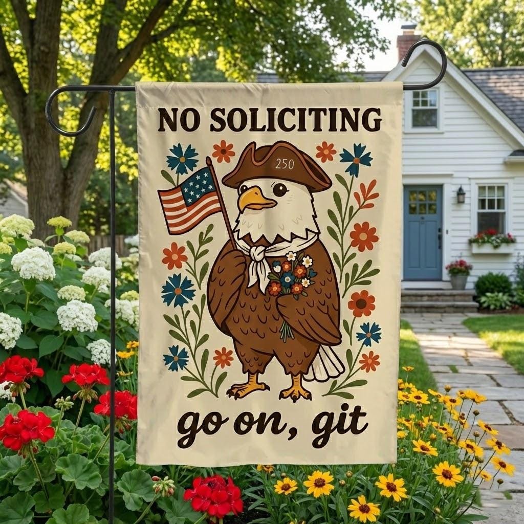 No Soliciting Garden Flag, Funny Patriotic Eagle Yard Flag, Americana Outdoor Decor, Country Farmhouse Porch Lawn Banner, Gift for Home