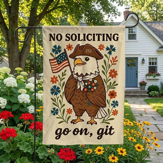 No Soliciting Garden Flag, Funny Patriotic Eagle Yard Flag, Americana Outdoor Decor, Country Farmhouse Porch Lawn Banner, Gift for Home
