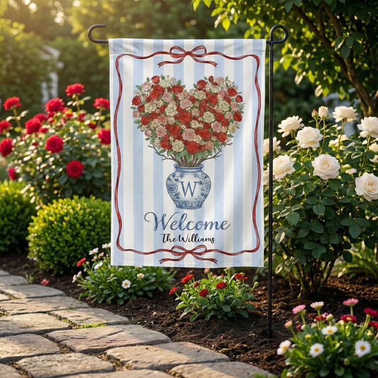 Personalized Welcome Garden Flag, Floral Heart Vase Yard Decor, Custom Family Name Outdoor Flag, Cottage Garden Sign, Housewarming Gift