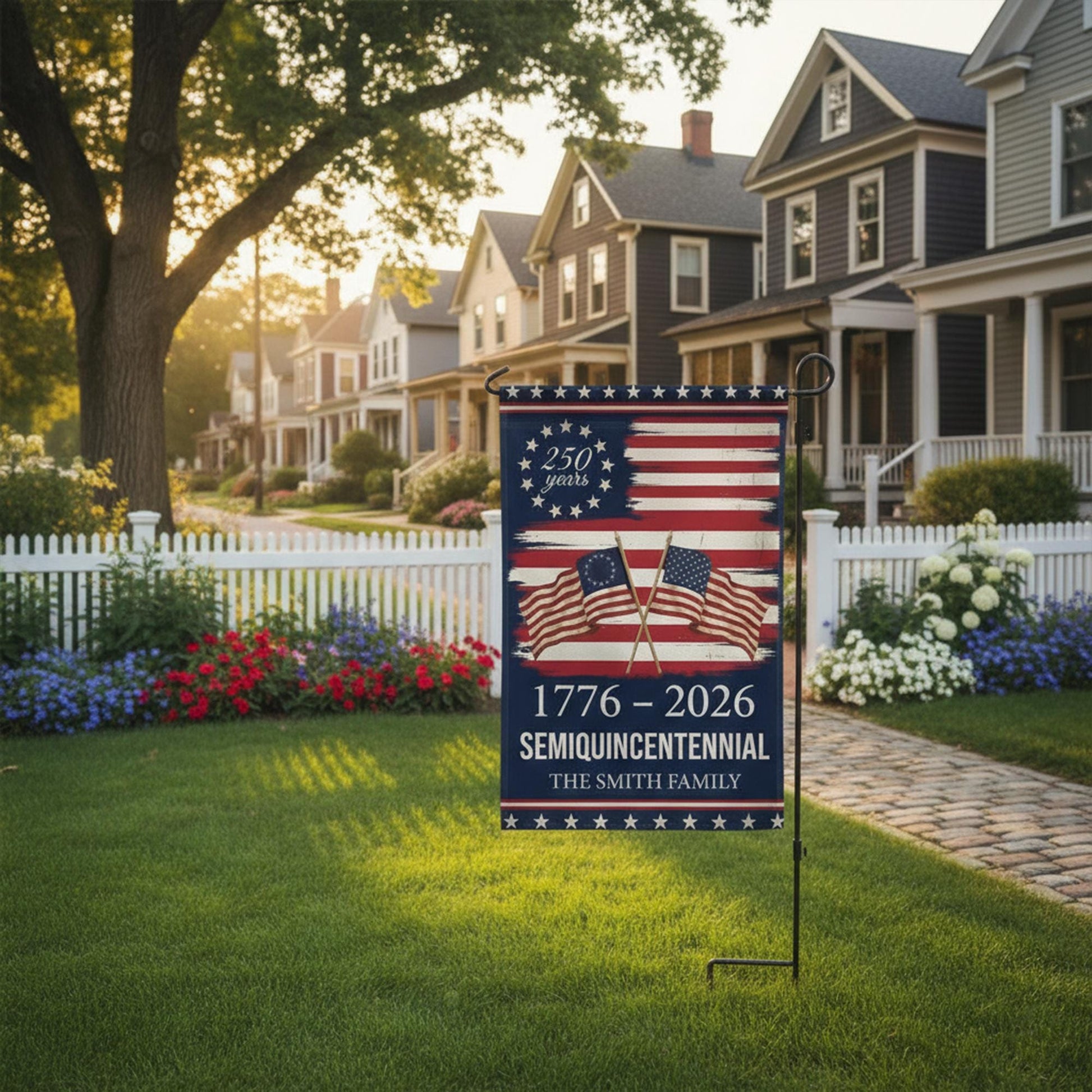 250th Anniversary Garden Flag, Semiquincentennial USA Decor, Personalized Family Name Yard Flag, Patriotic American Flag Art, 1776–2026