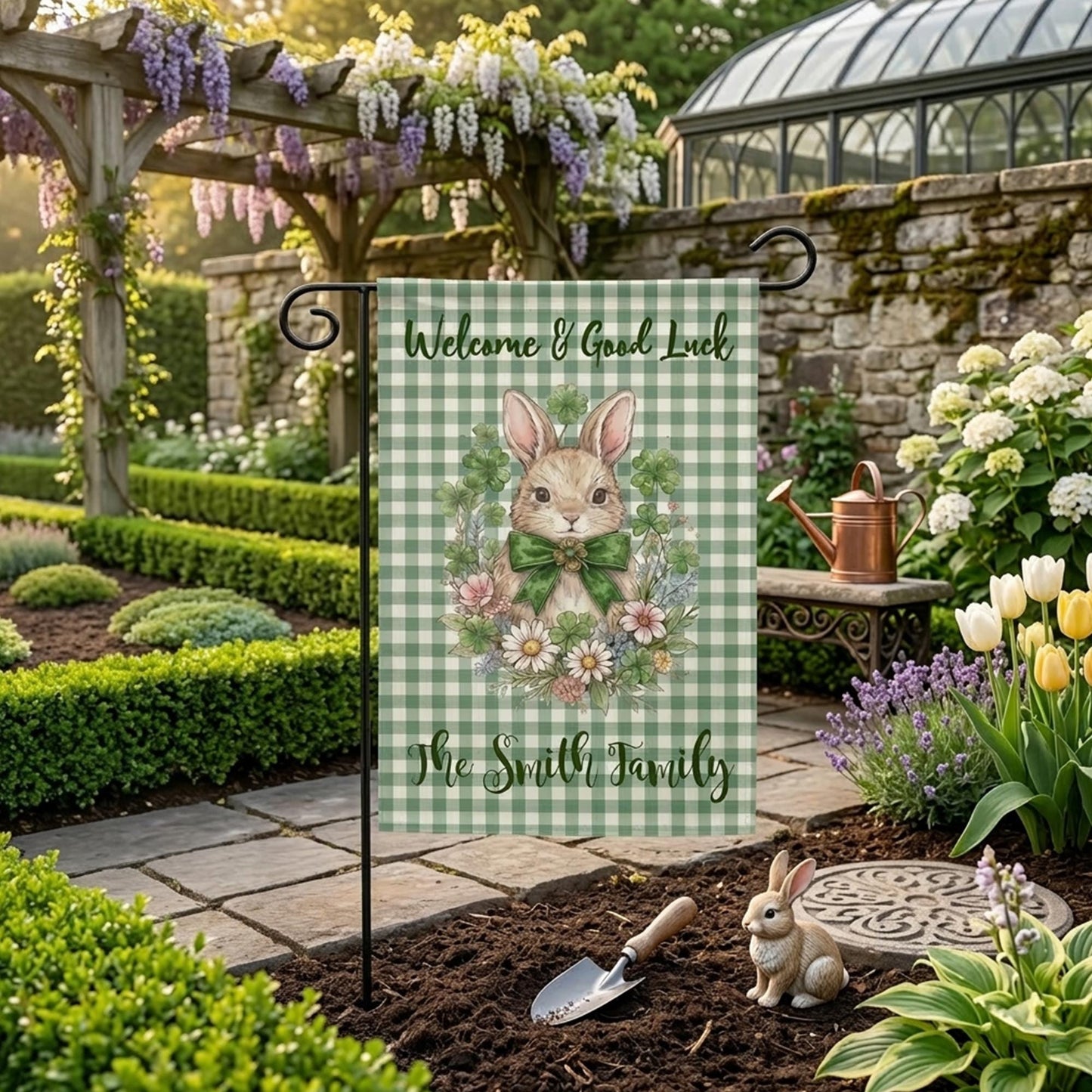 Personalized Bunny Garden Flag, Custom Family Name Spring Yard Decor, Clover Rabbit Welcome Flag, St. Patrick's Day Outdoor Decoration