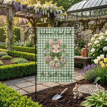 Personalized Bunny Garden Flag, Custom Family Name Spring Yard Decor, Clover Rabbit Welcome Flag, St. Patrick's Day Outdoor Decoration