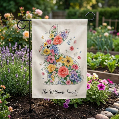 Personalized Easter Bunny Garden Flag, Custom Family Name Floral Rabbit Yard Decor, Spring Outdoor Banner, Easter Gift Home Decor