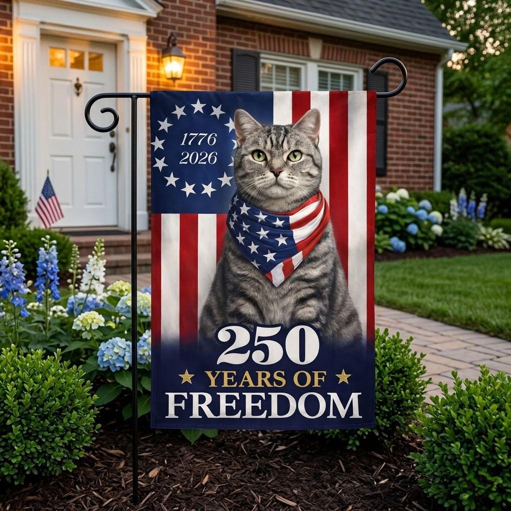 Patriotic Cat Garden Flag 250 Years of Freedom, American Flag Cat Decor 1776–2026, Usa Pride Gift, 4th of July Yard Flag USA Independence