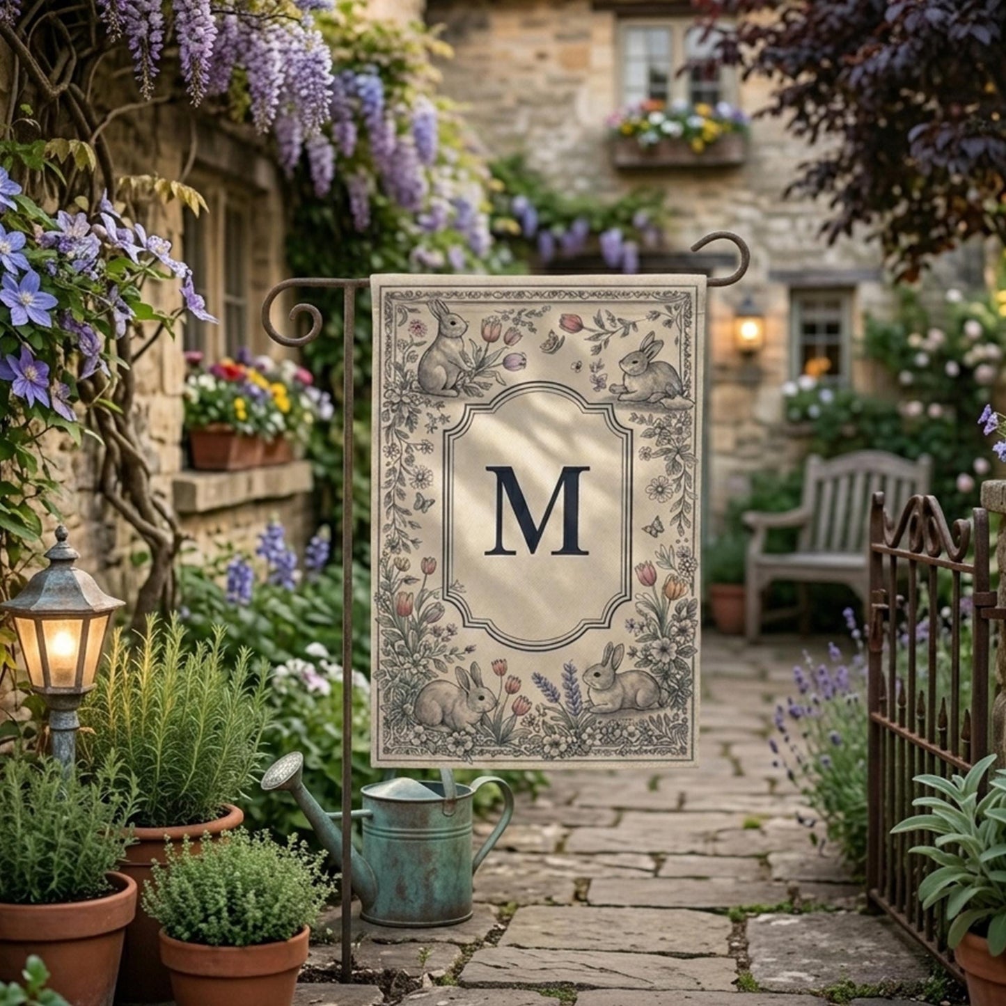 Personalized Easter Garden Flag, Bunny Floral Monogram Flag, Spring Yard Decor, Custom Initial Outdoor Flag, Cute Rabbit Tulip Decor Gift