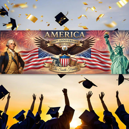 Patriotic 250th Anniversary Banner, Personalized America Flag Decor, 1776-2026 USA Eagle Fireworks Sign, Custom Family Name Yard Decor