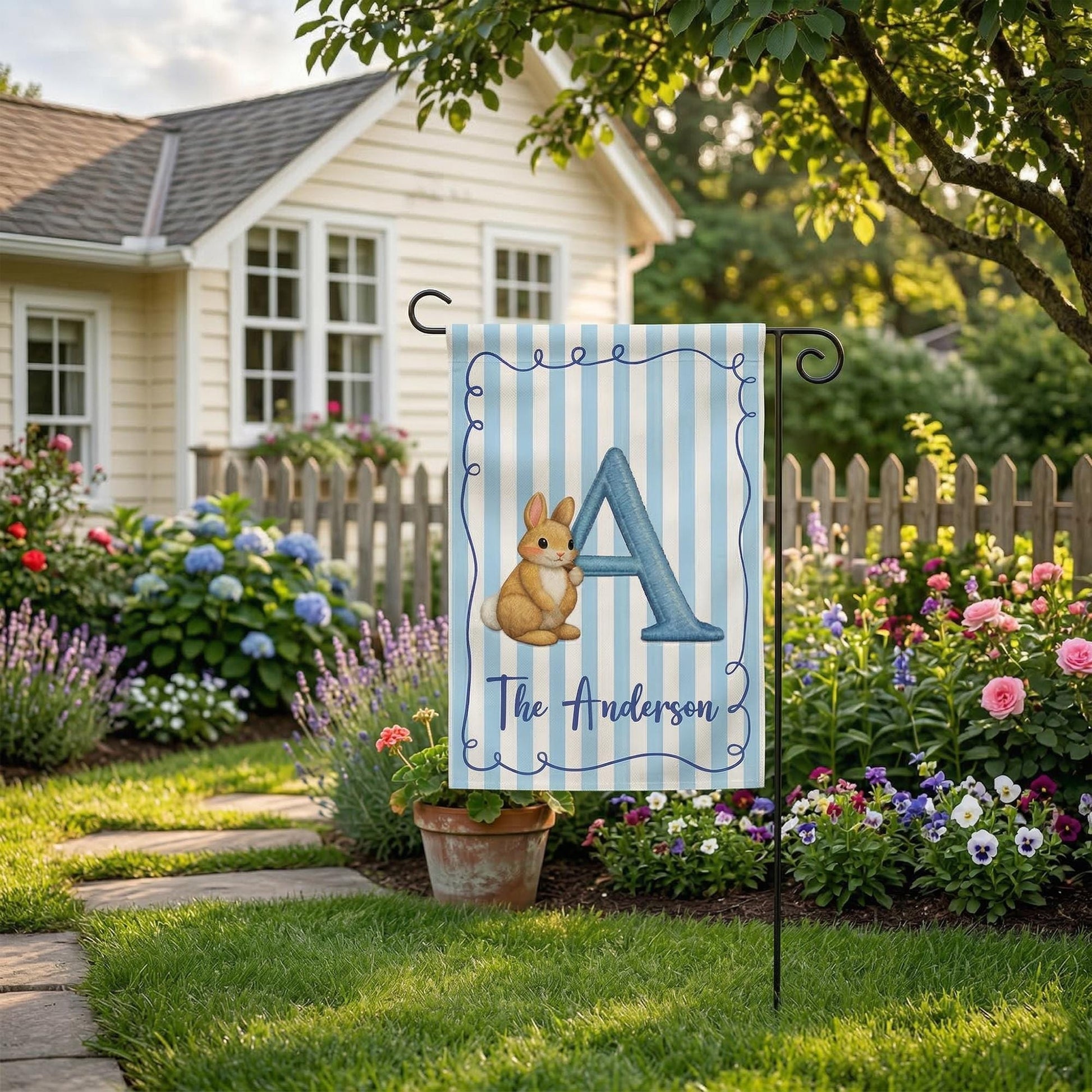 Personalized Easter Bunny Garden Flag, Custom Family Name Spring Yard Decor, Pink Striped Bunny Flag, Outdoor Easter Decoration Gift