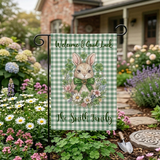 Personalized Bunny Garden Flag, Custom Family Name Spring Yard Decor, Clover Rabbit Welcome Flag, St. Patrick's Day Outdoor Decoration