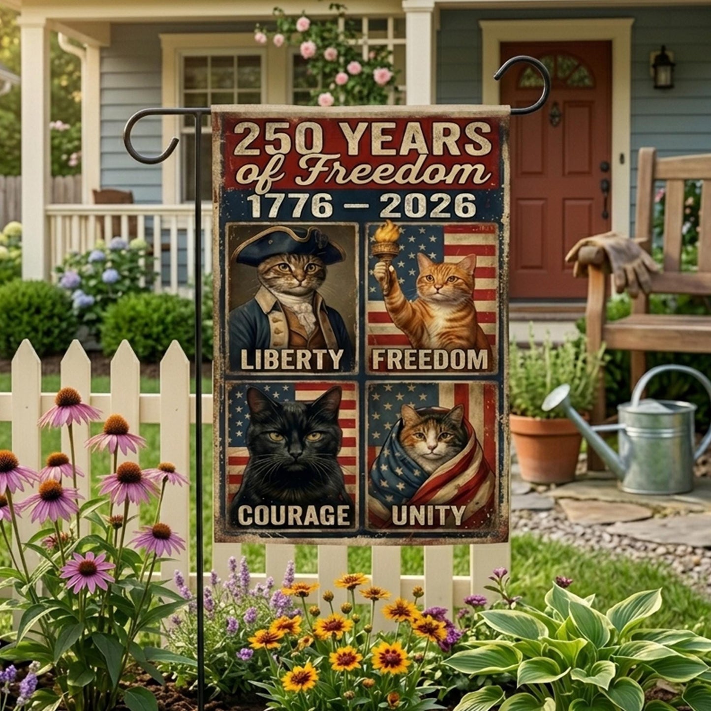 250 Years of Freedom Cat Garden Flag, Patriotic Cat Yard Decor, 1776–2026 Independence Day Banner, Vintage Americana Outdoor Flag