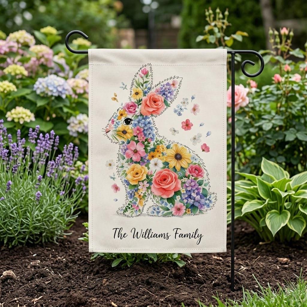 Personalized Easter Bunny Garden Flag, Custom Family Name Floral Rabbit Yard Decor, Spring Outdoor Banner, Easter Gift Home Decor