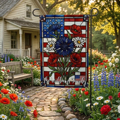 PERSONALIZED Patriotic Garden Flag, Stained Glass USA Floral Flag, Custom Family Name Outdoor Decor,Summer Garden, 4th of July Yard Gift