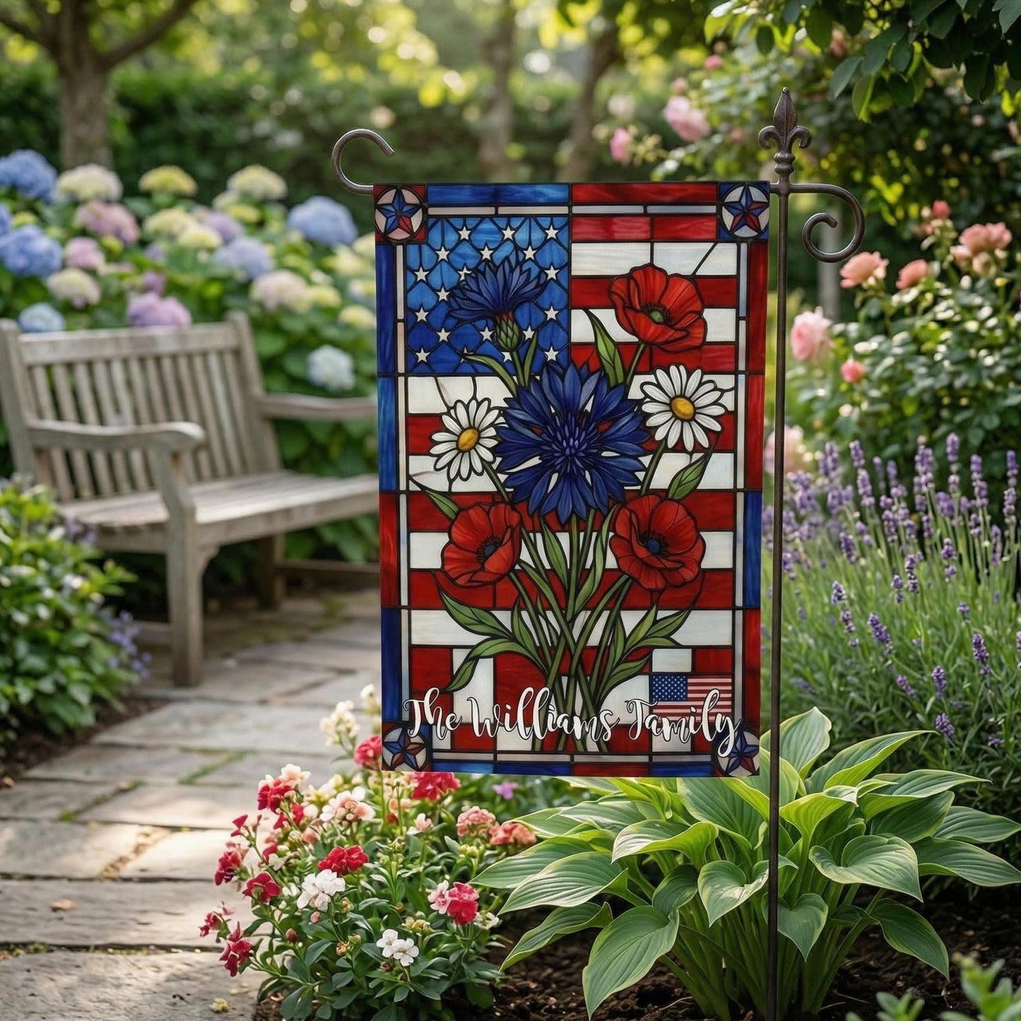 PERSONALIZED Patriotic Garden Flag, Stained Glass USA Floral Flag, Custom Family Name Outdoor Decor,Summer Garden, 4th of July Yard Gift