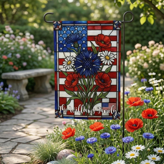 PERSONALIZED Patriotic Garden Flag, Stained Glass USA Floral Flag, Custom Family Name Outdoor Decor,Summer Garden, 4th of July Yard Gift
