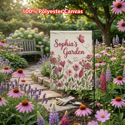 Personalized Garden Flag, Custom Floral Yard Decor, Sophia's Garden Flag, Pink Wildflower Butterfly Porch Sign, Housewarming Gift for Her