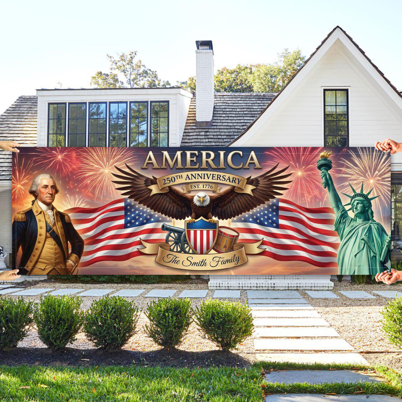 Patriotic 250th Anniversary Banner, Personalized America Flag Decor, 1776-2026 USA Eagle Fireworks Sign, Custom Family Name Yard Decor