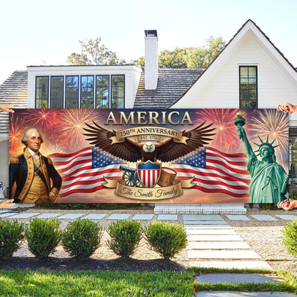 Patriotic 250th Anniversary Banner, Personalized America Flag Decor, 1776-2026 USA Eagle Fireworks Sign, Custom Family Name Yard Decor