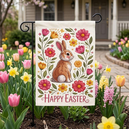 Easter Bunny Garden Flag, Happy Easter Floral Yard Flag, Spring Rabbit Outdoor Decor, Cute Cottage Garden Banner, Easter Gift