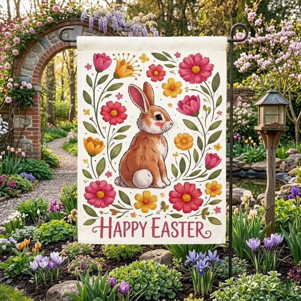 Easter Bunny Garden Flag, Happy Easter Floral Yard Flag, Spring Rabbit Outdoor Decor, Cute Cottage Garden Banner, Easter Gift