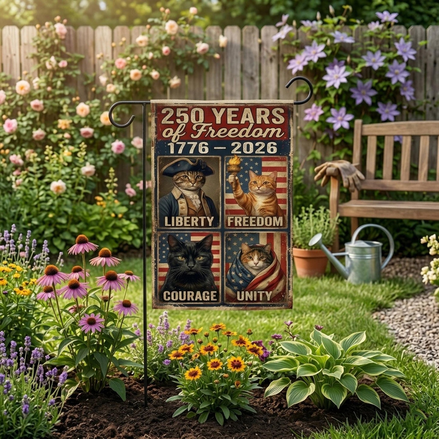 250 Years of Freedom Cat Garden Flag, Patriotic Cat Yard Decor, 1776–2026 Independence Day Banner, Vintage Americana Outdoor Flag