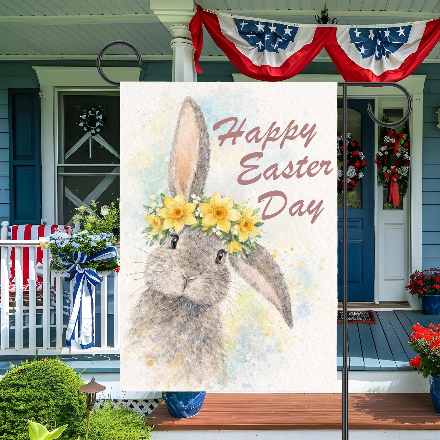 Happy Easter Bunny Garden Flag, Floral Rabbit Spring Yard Decor, Watercolor Easter Outdoor Banner, Floral Easter, Cottage Garden Easter Gift