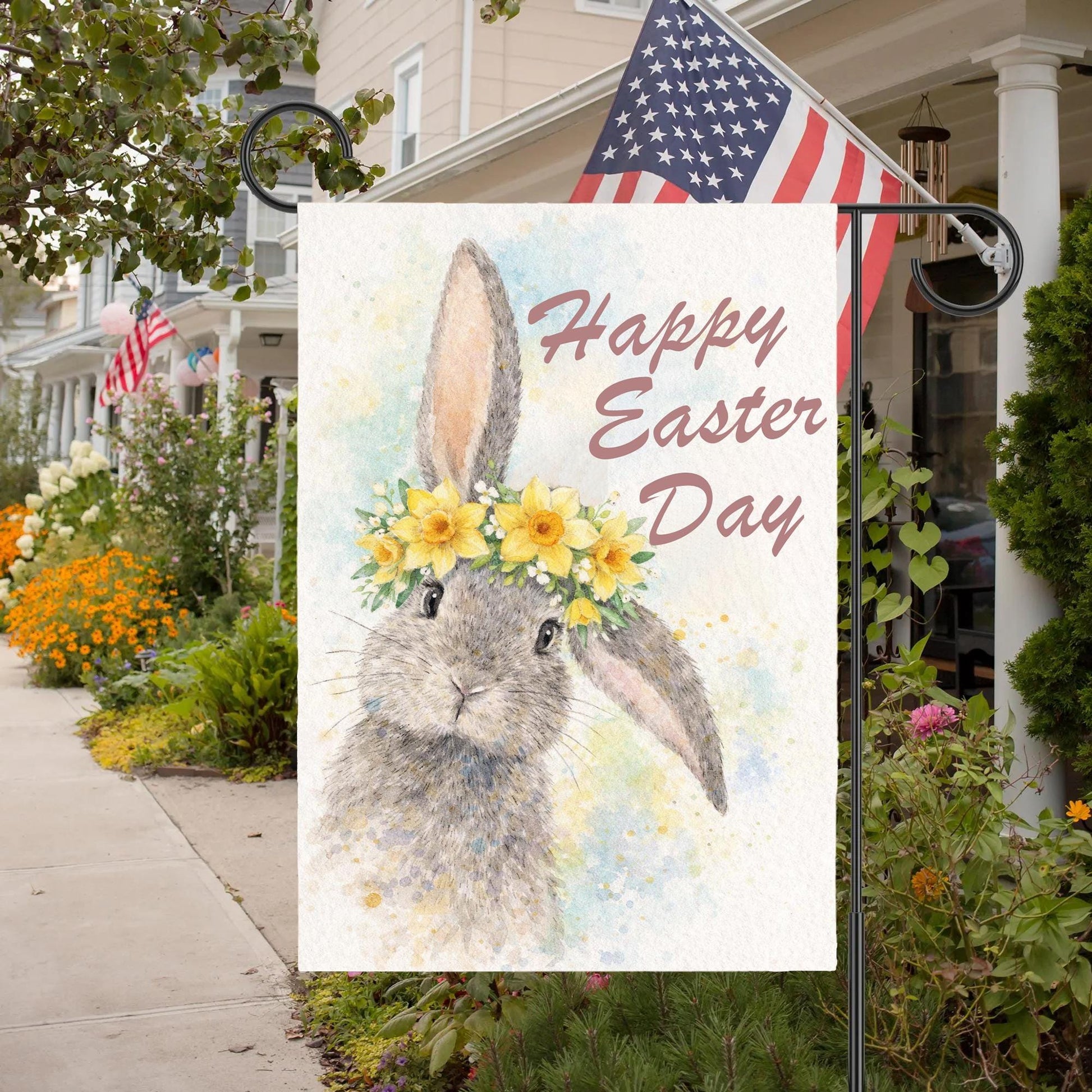 Happy Easter Bunny Garden Flag, Floral Rabbit Spring Yard Decor, Watercolor Easter Outdoor Banner, Floral Easter, Cottage Garden Easter Gift