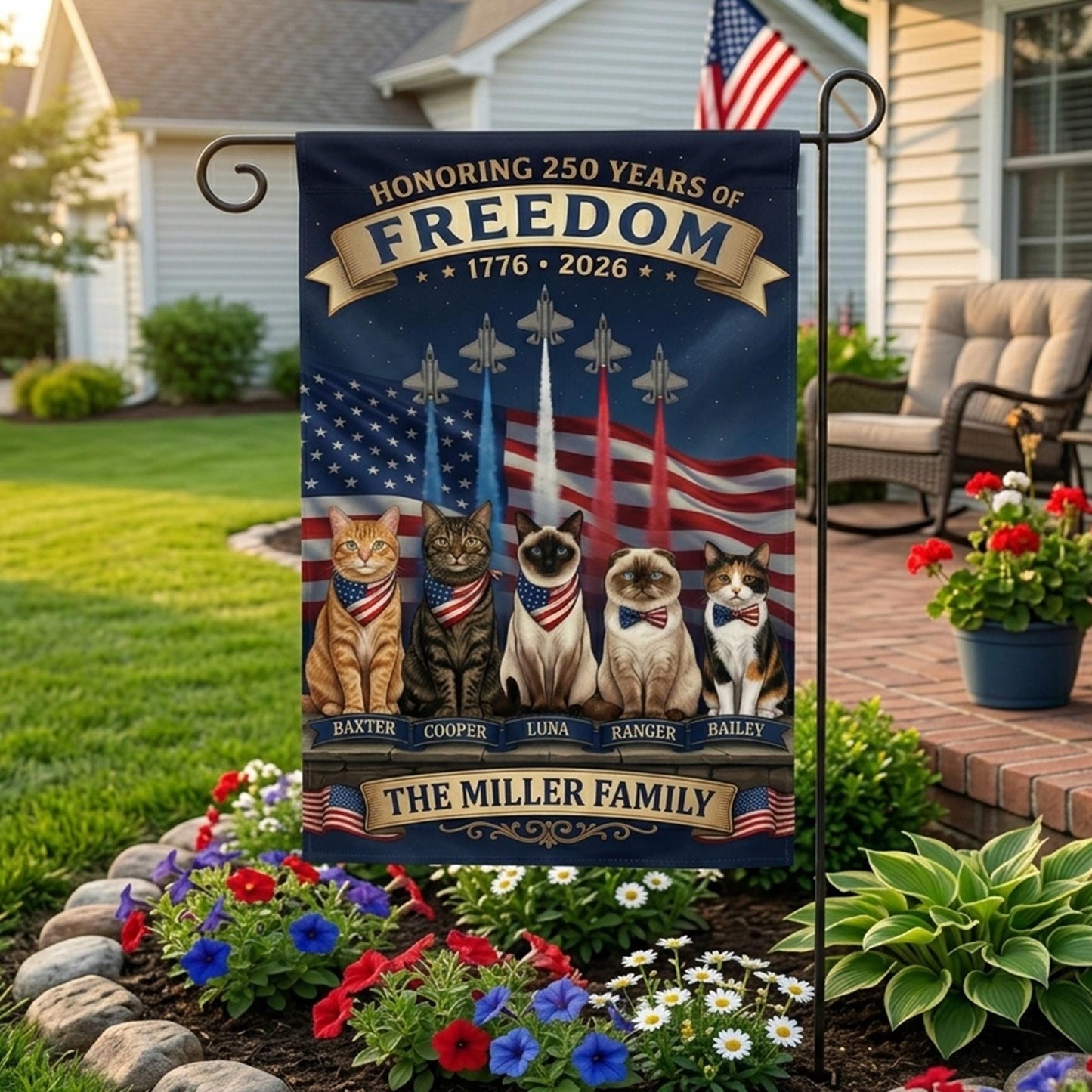 Personalized Patriotic Cat Garden Flag, Honoring 250 Years of Freedom 1776–2026, Custom Family Name USA Yard Decor, 4th July Gift