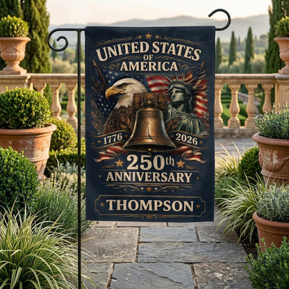 Personalized Patriotic Garden Flag 250th Independence Day Decor, Custom Family Name USA Flag, Outdoor Flag 1776–2026 Anniversary Yard Banner