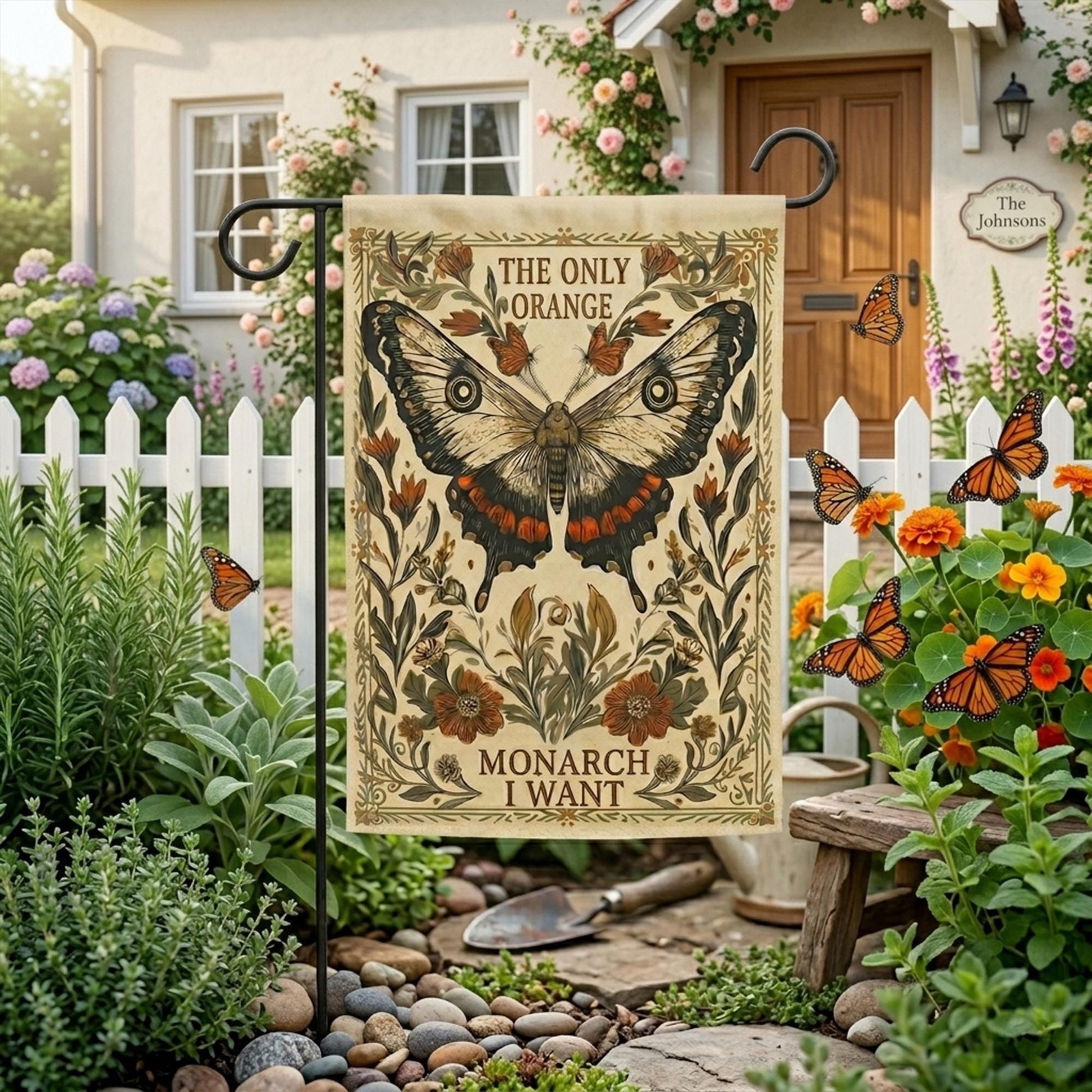 Monarch Butterfly Garden Flag Vintage Botanical Style, Cottagecore Outdoor Yard Decor, Nature Lover Gift Yard Decor,  Floral Insect Art Flag